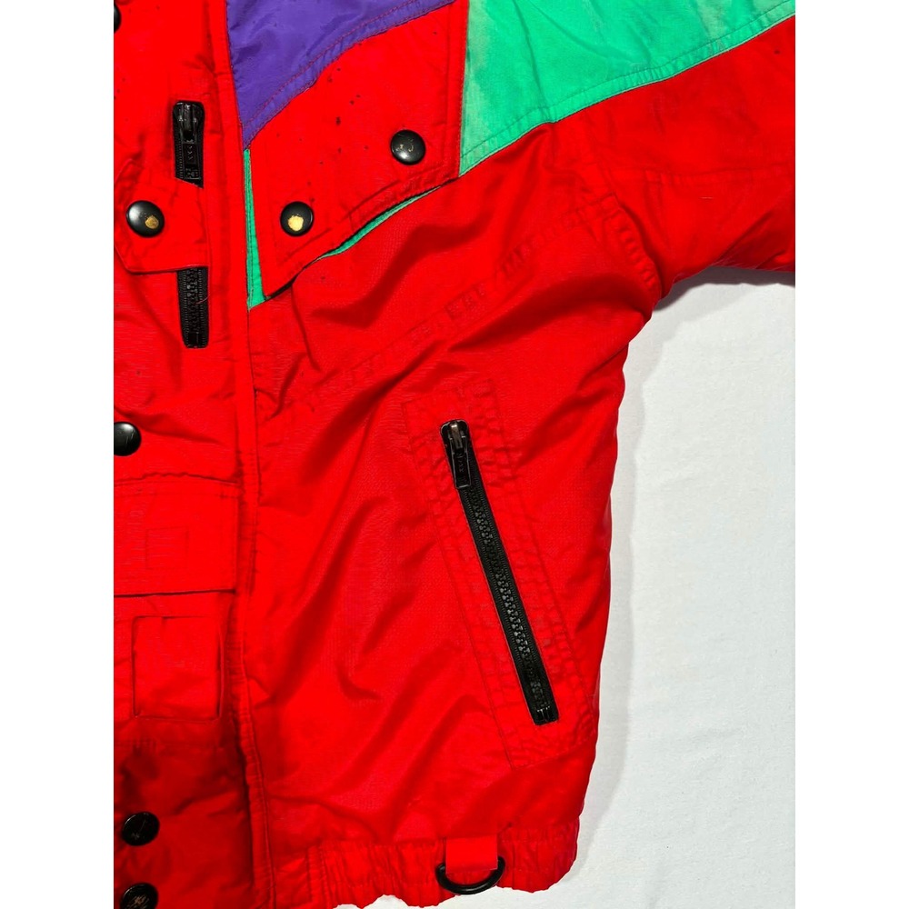 Vintage Kids M 10-12 Colorblock Ski Jacket Red Purple Green Retro 90s Puffer - Picture 6 of 12